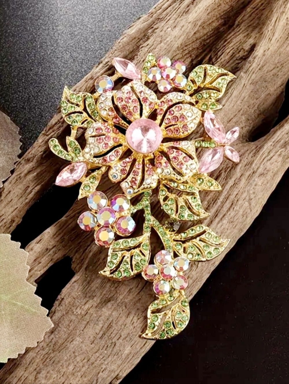 Gold-Tone Pink & Green Crystal Floral Brooch - Picture 2 of 2